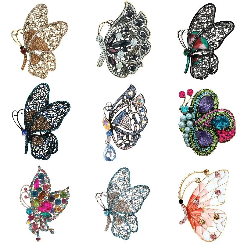 Essh&Pule Vintage Filigree Statement Brooch  Crystal Butterfly Lapel Pin Ornate Elegant Women Coat Wedding Jewelry Gift