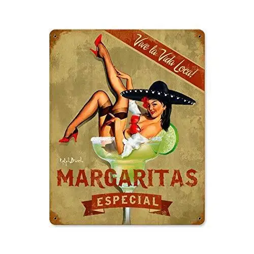 Retro Vintage Metal Plaque Sign Pin Up Girl Margarita Especial Tin Sign 8 x 12