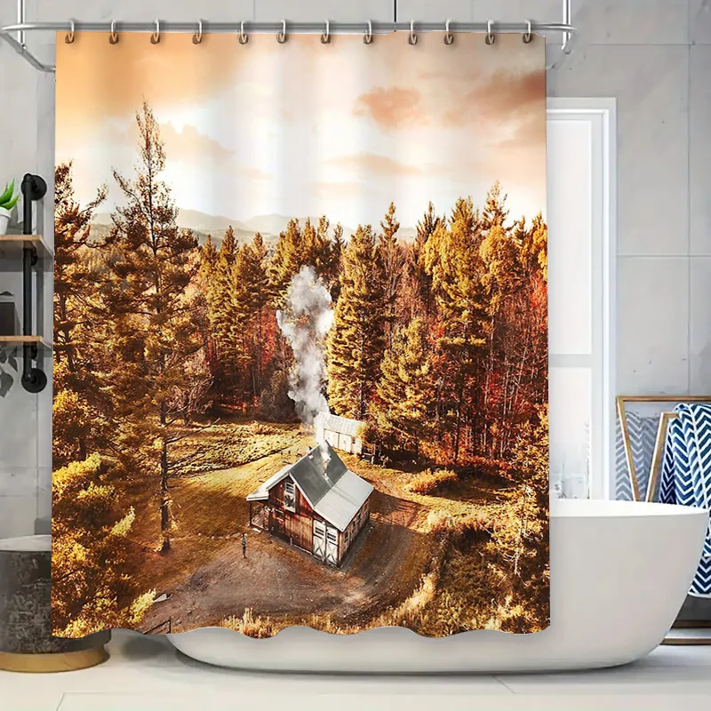 Rustic Cabin Forest Landscape Shower Curtain Vintage Woodland Home Decor Nature Scenic Bathroom Set Artistic Wall Hanging