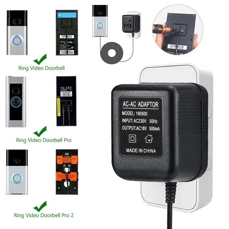 Adaptador de Alimentação AC Campainha, Transformador De Campainha De 18V 500MA, Cabo De 10m, Campainha De Anel Compatível, Campainha De Vídeo, Plugue UE