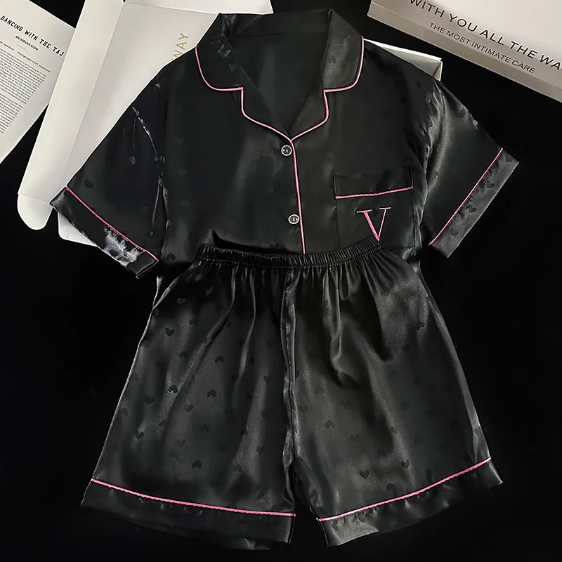 New Luxury Light Heart Ins Style Summer Pajamas for Women, Short Sleeve and Shorts, Ice Silk with Letter Embroidery Homewear Set