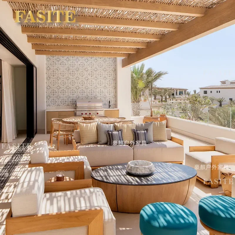 For Outdoor Courtyard Villa Terrace Teak Sofa Set Rain Proof Garden Leisure Furniture Coffee Table Combination Weather