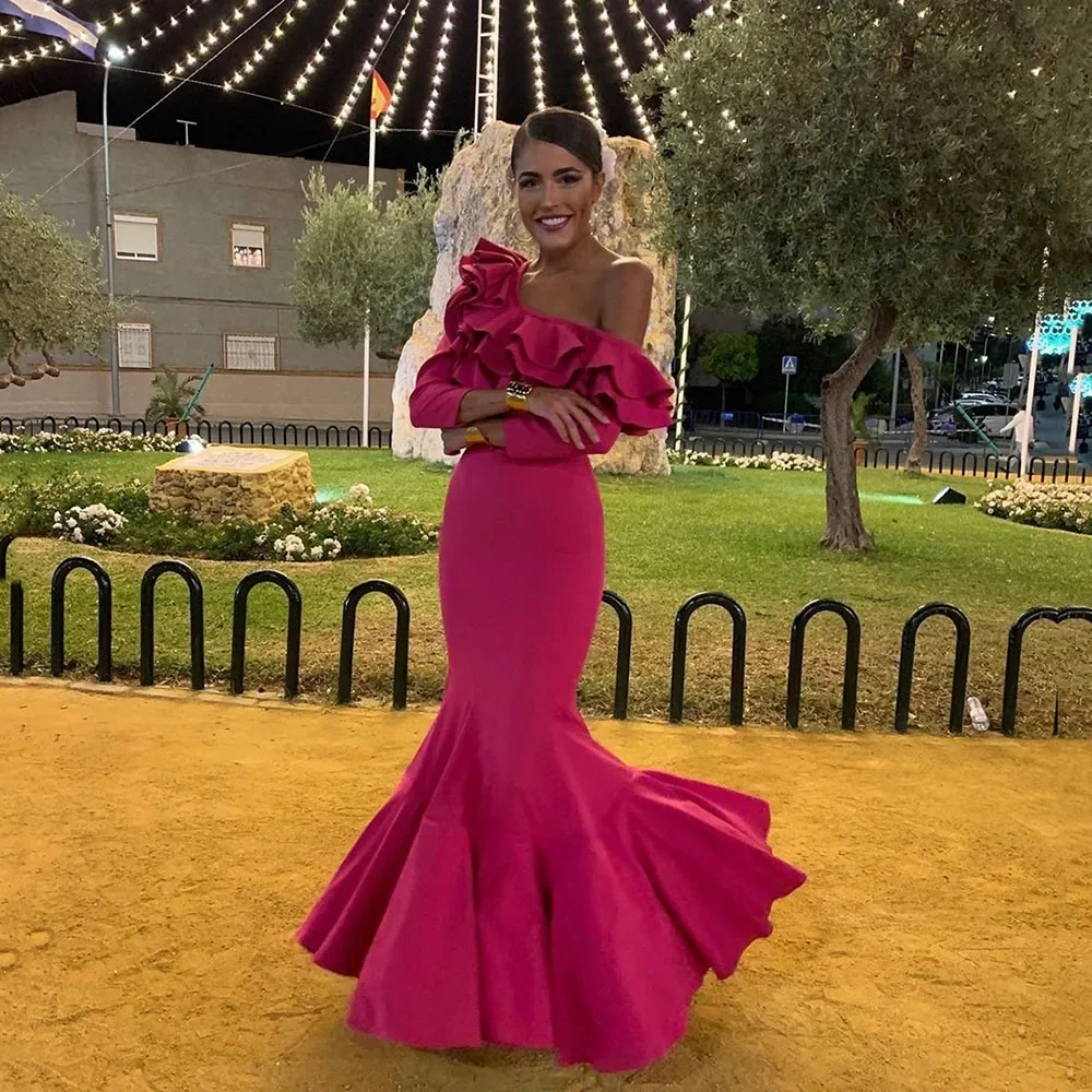 

Fnoexw Fuchsia Mermaid Evening Dresses Plest Wave Strap Long Sleeves Formal Prom Gowns Women Party Dress Vestidos De Noche 2024