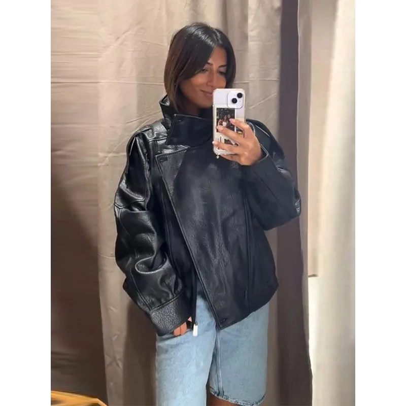 

Street Stand Collar Women's Leather Jacket Loose Long Sleeve Zipper Pockets Chic Female Coats 2025 Autumn Winter Lady Outerwear