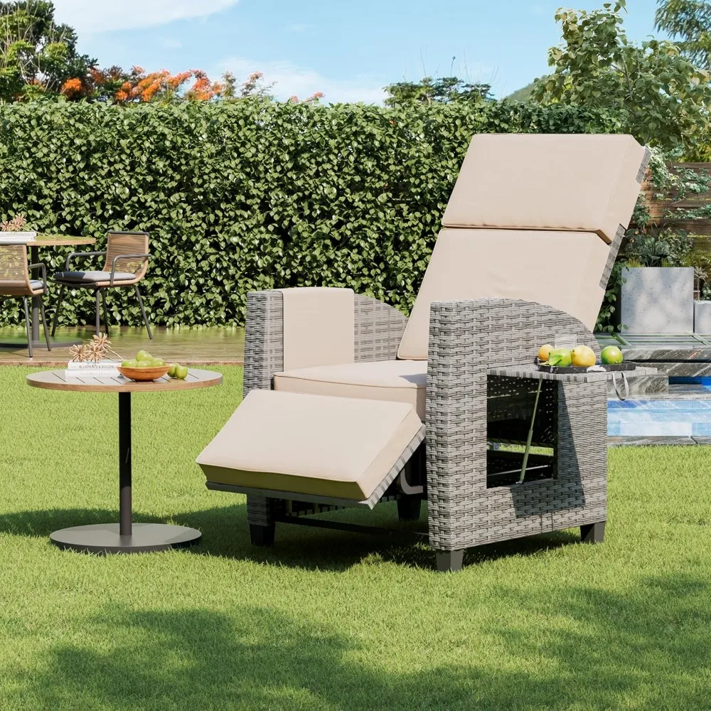 

Outdoor Patio Recliner Chair, Wicker Reclining Chairs with Adjustable Back up to 160°Lay Flat and Footrest, Flip Table and Remov