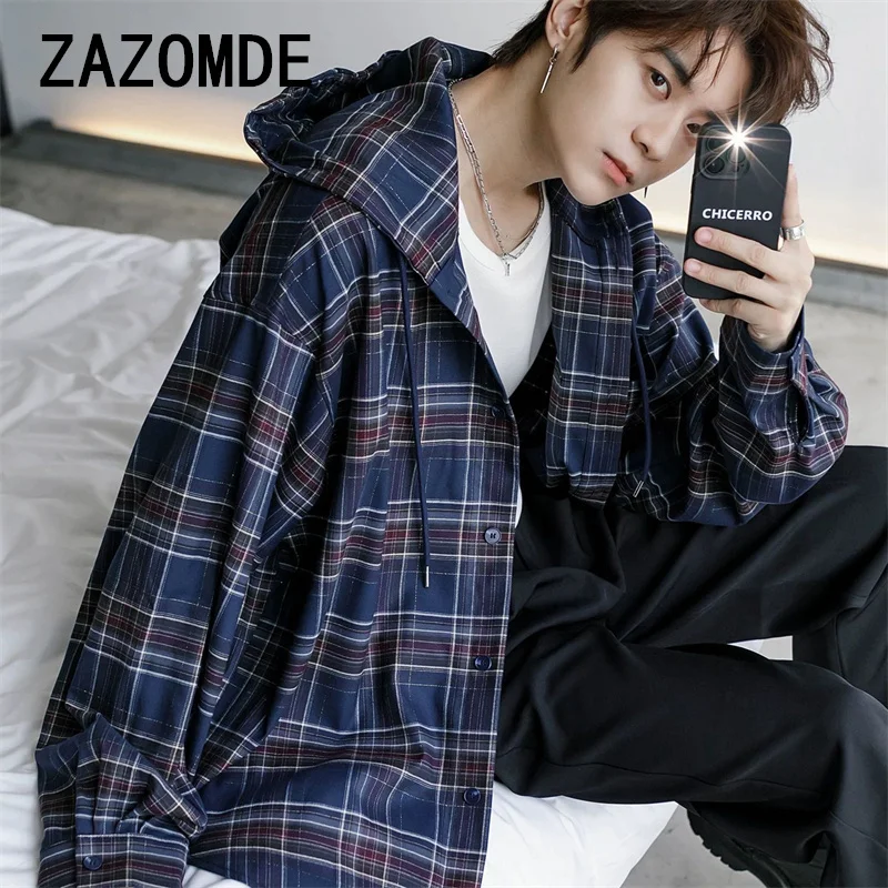 ZAZOMDE High Street Plaid Mens Shirt Jacket American Casual Hooded Long Sleeved Tops Simplicity Color Block Unisex Coats 2024