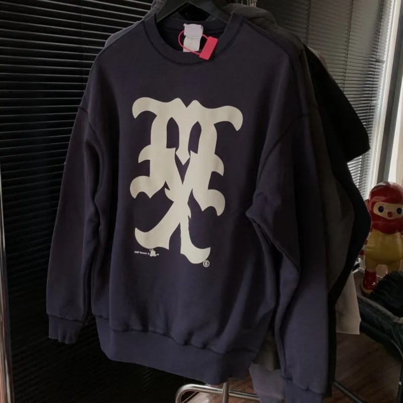Vintage Washed Blue Spliced Letter Logo Winter Saint Sweatshirts Fashion Streetwear Men Women Round Neck Pullover Streetwear