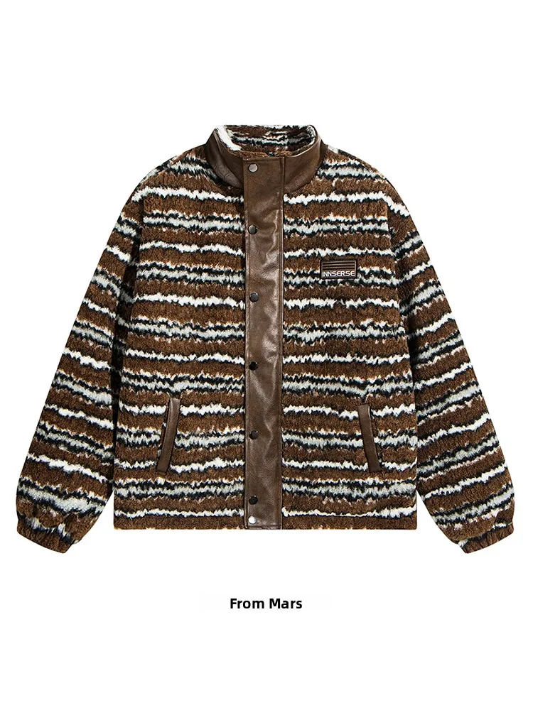 

Brand American Sle Stand Collar Patchwork Color Blo Lamb Fur Cotton Jaet Trendy Casual Zipper Closure Long Coat