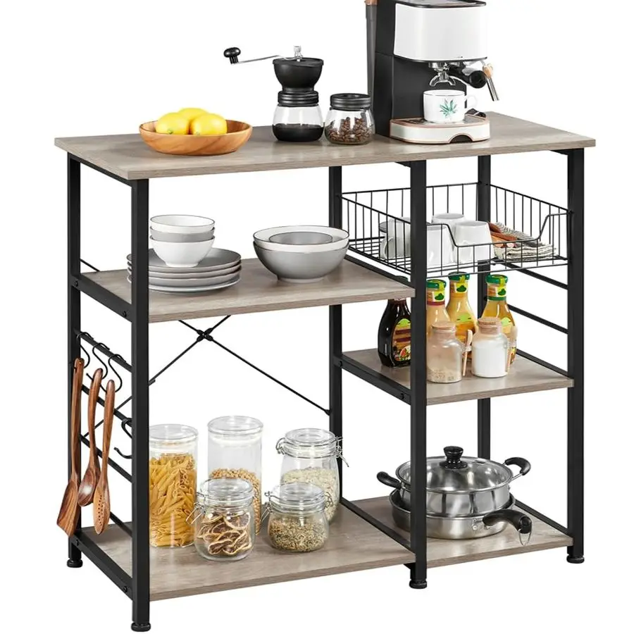 

Kitchen Bakers Rack with Wire Basket, Coffee Bar Table Station Microwave Oven Stand Kitchen Utility Storage Shelf with 6 SShape
