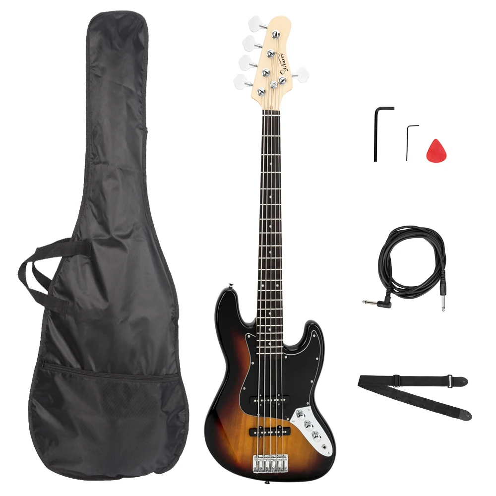 Gjazz-bajo eléctrico de 5 cuerdas, bolsa de tamaño completo, correa, conector de selección, herramienta de llave, Color atardecer