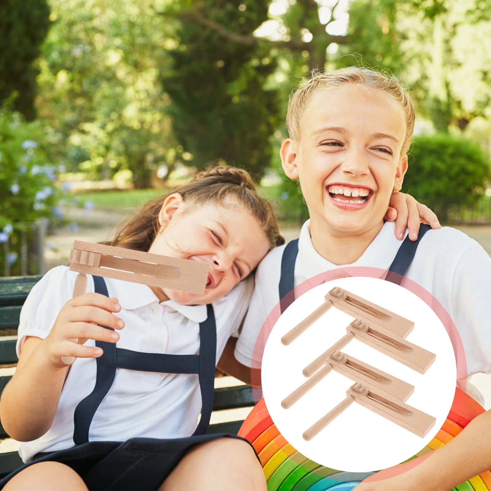 4 個木製カスタネットおもちゃ子供打楽器ノイズメーカーミュージカルハンドル安全な子供マニュアルロータリーラチェット教育