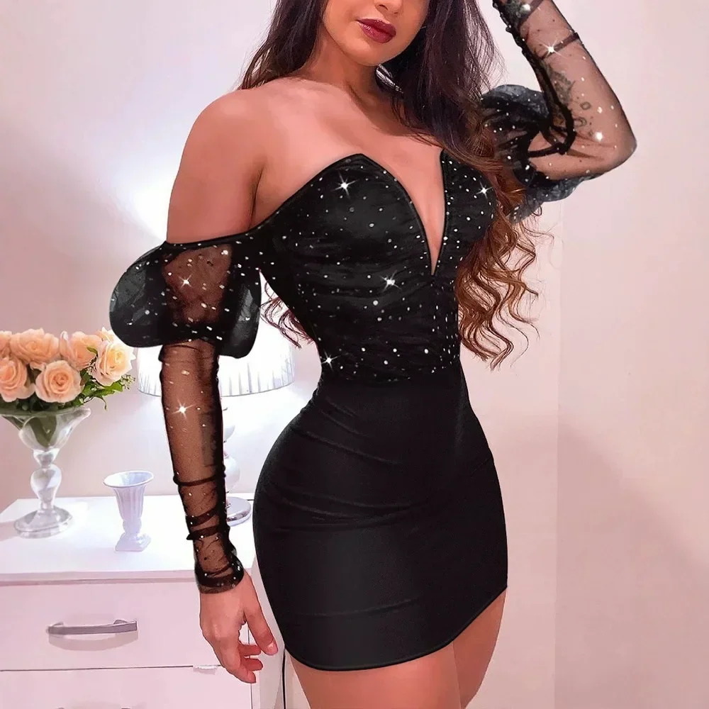 Damska sukienka bez ramiączek z siateczki z długim rękawem Mini sukienka Bodycon Sexy Fashion Party Dress — zdjęcie 5