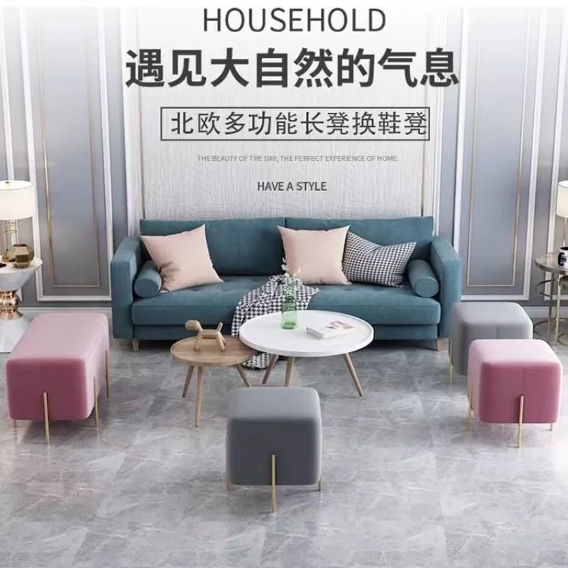 

Stools Nordic Light Luxury Wrought Iron Shoe Changing Stool Sofa Small Square Stool Modern Living Room Velvet Fabric Ottomans