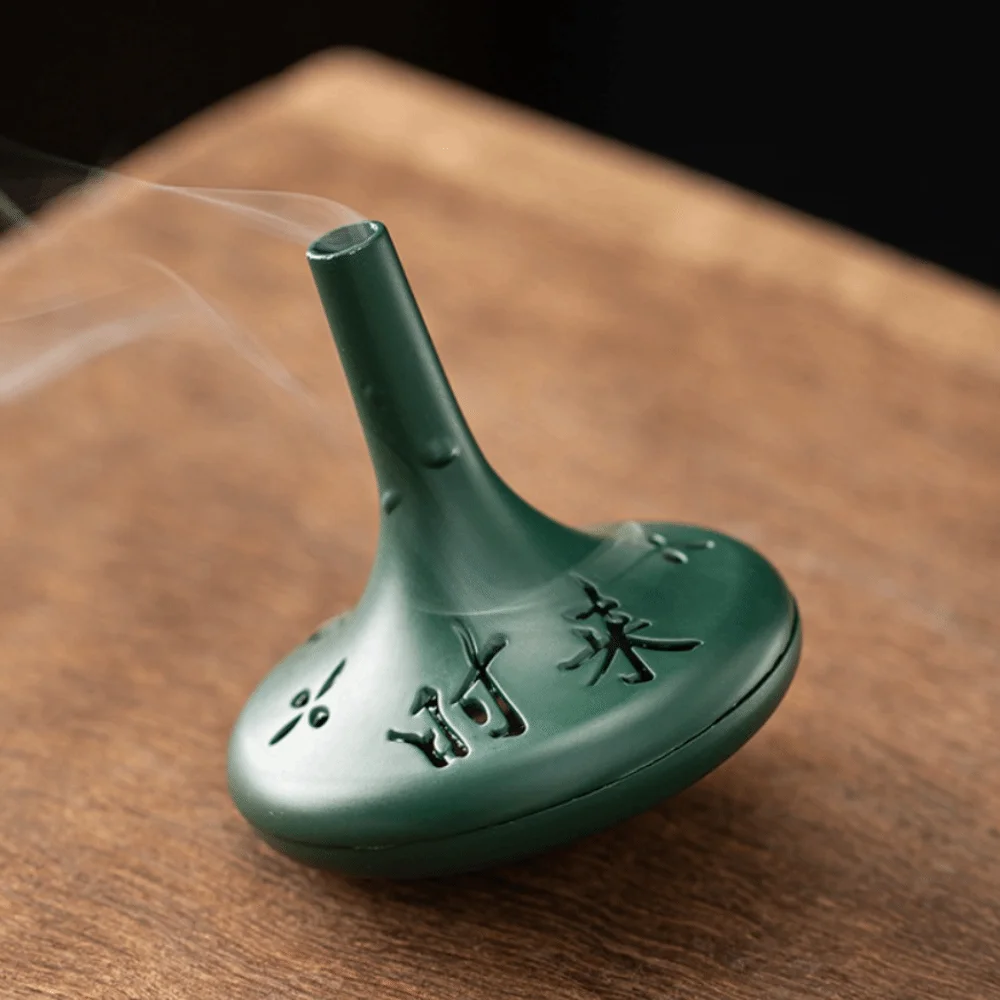 Chinese-style Retro Conical Gyroscope Incense Burner Openwork Calligraphy Vertical Censer Zinc Alloy with Pad