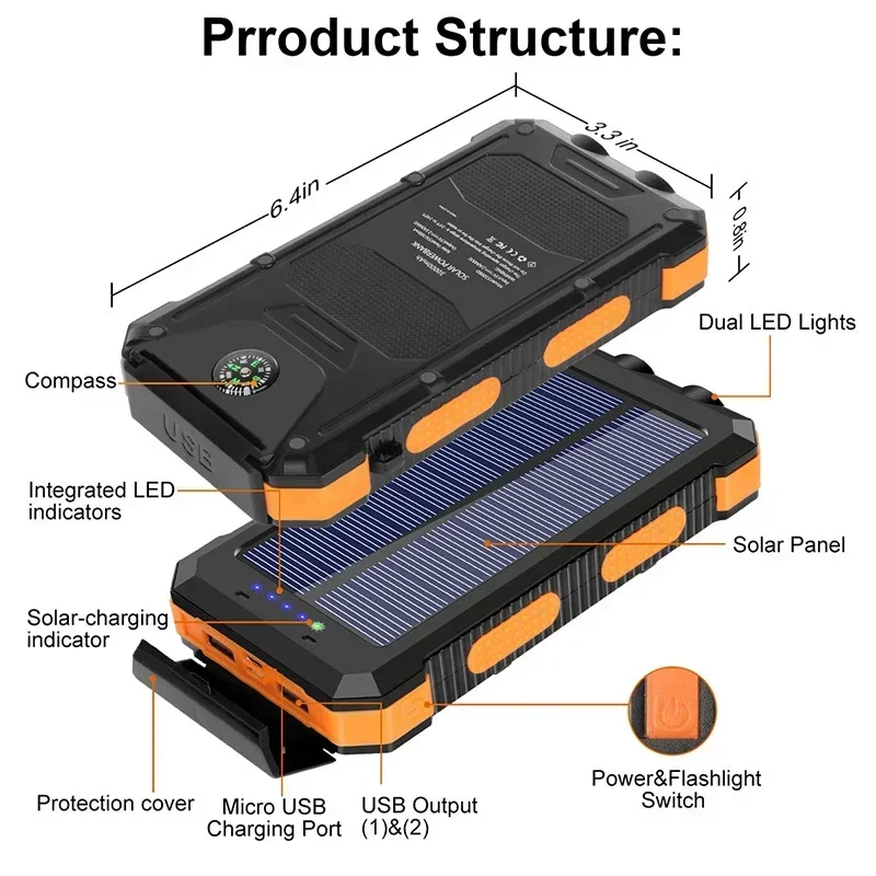 Carregamento Rápido Banco de Energia Solar, Bateria Externa, 2USB, Exterior, Fonte de Alimentação Móvel, Lanterna para Xiaomi, iPhone, Samsung, 200000mAh