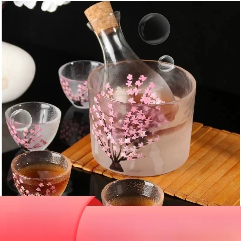 Juego de saké Retro japonés, calentador de botellas de vidrio con flor de ciruelo pintado a mano