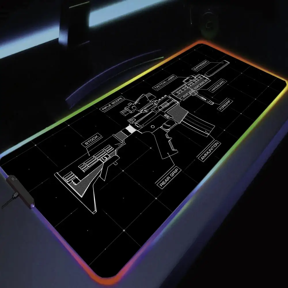 

Коврик для мыши с рисунком пистолета, большие игровые коврики для мыши RGB, светодиодный светильник с замком по краям, игровые аксессуары, настольные коврики, коврики для клавиатуры ПК XXL 90x40 см