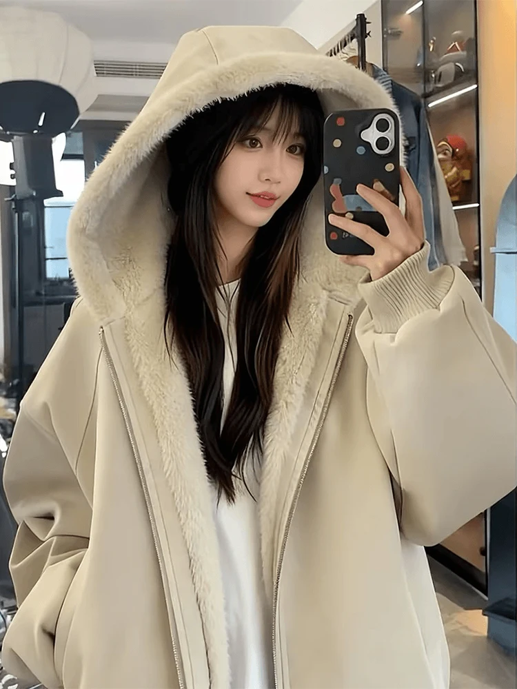 

Зимнее пальто из овчины с узором личи, утепленное флисом, женское, молодежное, свободного кроя, на молнии