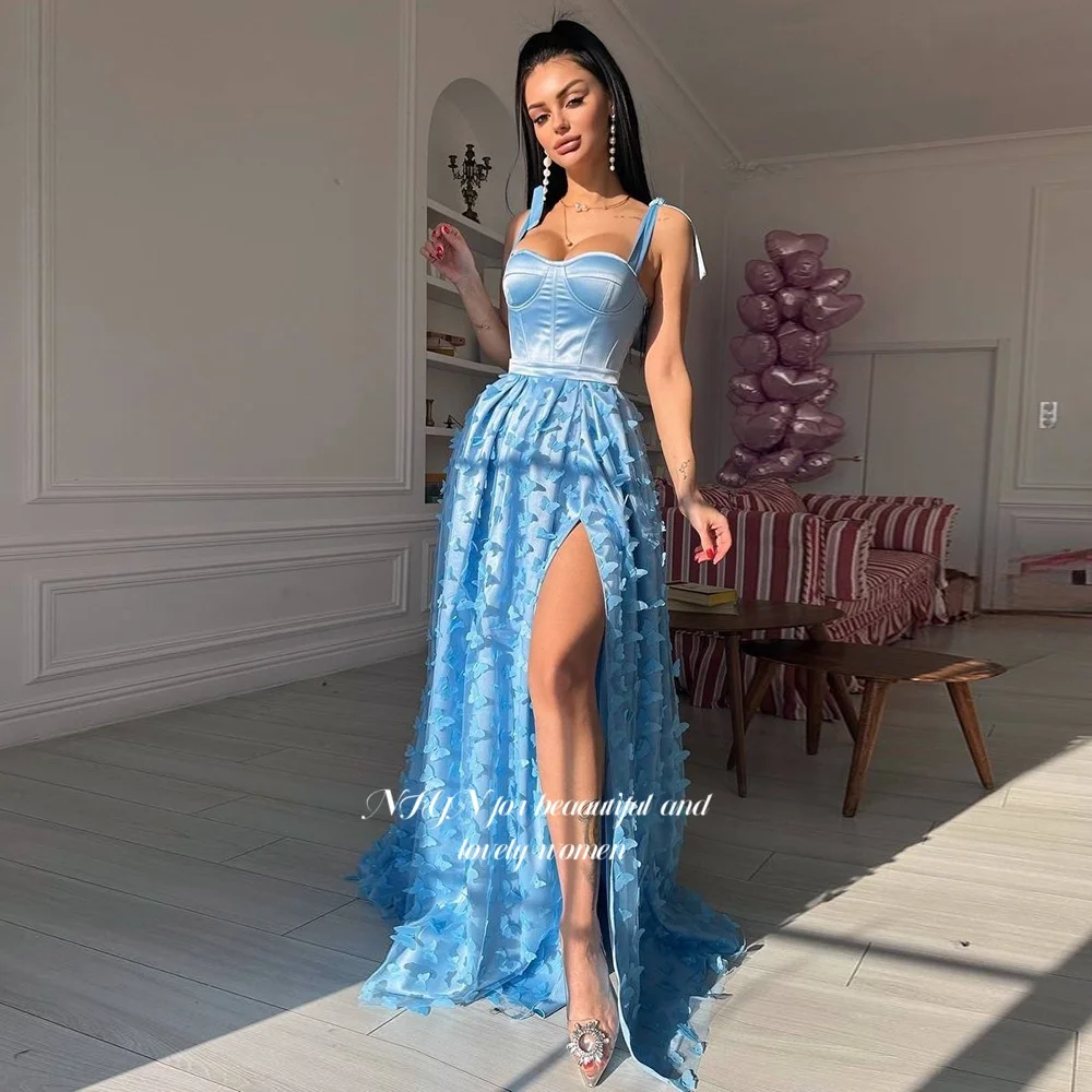 

NFYN Sweetheart Evening Dress Butterfly Pattern A Line Party Dress with Bow Straps High Slit Celebrity Gala Dress Customized