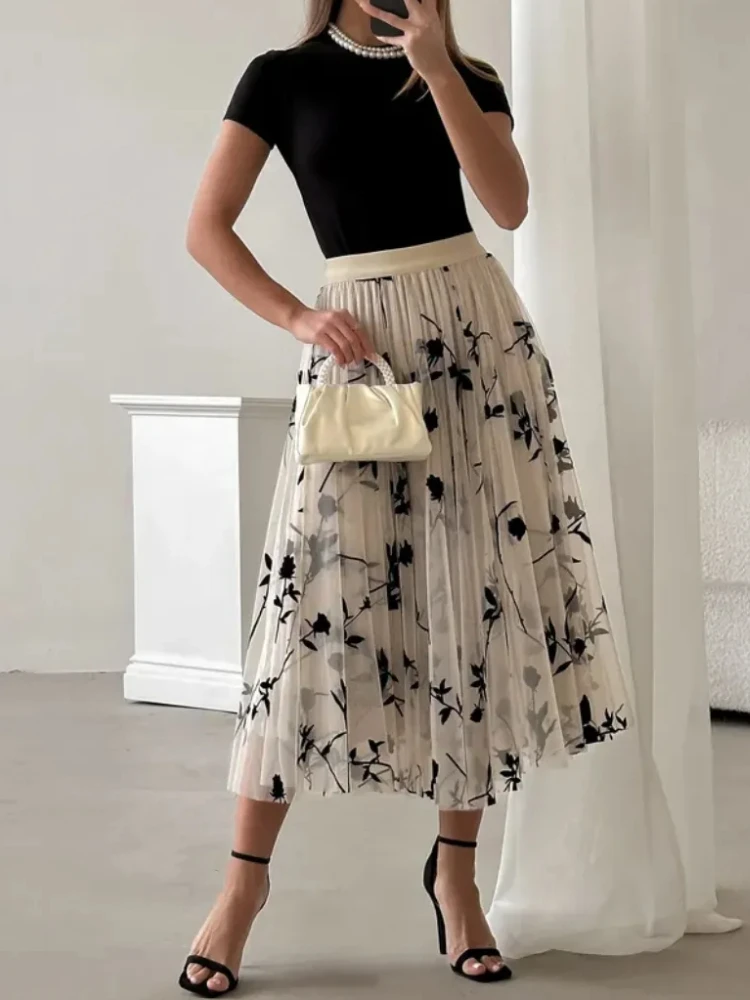 Gonna elegante da donna Estate elastica a vita alta Coperta in pile Gonna lunga in garza Gonna a pieghe di lusso semplice e versatile