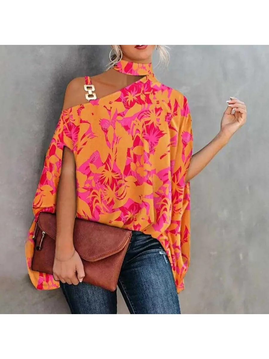 

Women Halter Neck One Shoulder Batwing Sleeve Floral Print Loose Blouse Casual Summer Top Fashion Streetwear Shirt