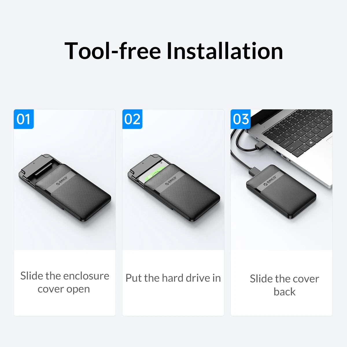 ORICO 2,5'' Festplattengehäuse Werkzeuglos 5Gbps USB zu SATA Externes Festplattengehäuse für 2,5 Zoll 7mm 9,5mm SSD HDD Max 6TB – Detail 10
