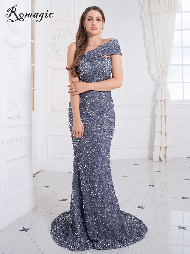 Romagic Stretch Sequin Floor Length Evening Prom Gown Off Shoulder Bodycon Grey Mermaid Sleeveless Luxury Wedding Party Dress