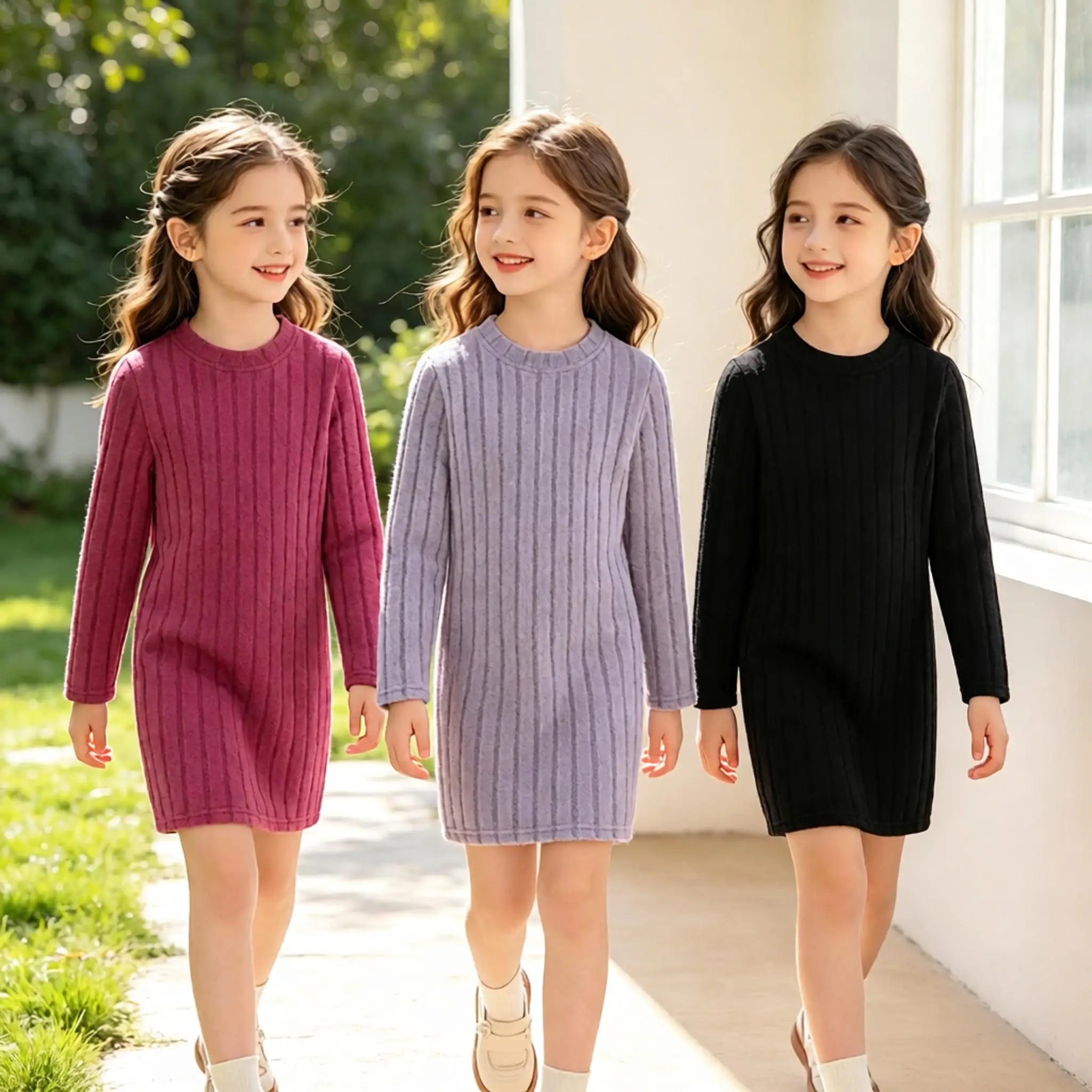 Girls' Three-Piece Set Fashionable Casual Solid Color Vertical Stripe Knitted Round Neck Long Sleeve Slim Fit Dress
