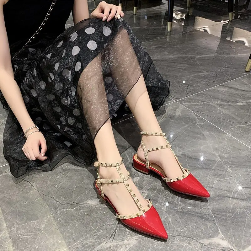 Summer High-heeled Women\'s Sandals Fashion Brand Design Pointed Rivet Red Casual Shoes Large Size 34-40Free Shipping