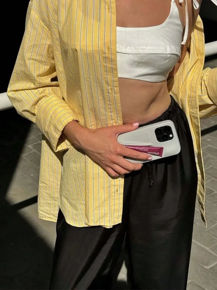 Hh 2025 elegante feminino amarelo listrado solto camisa feminina lapela mangas compridas botões blusas longas verão praia estilo topos