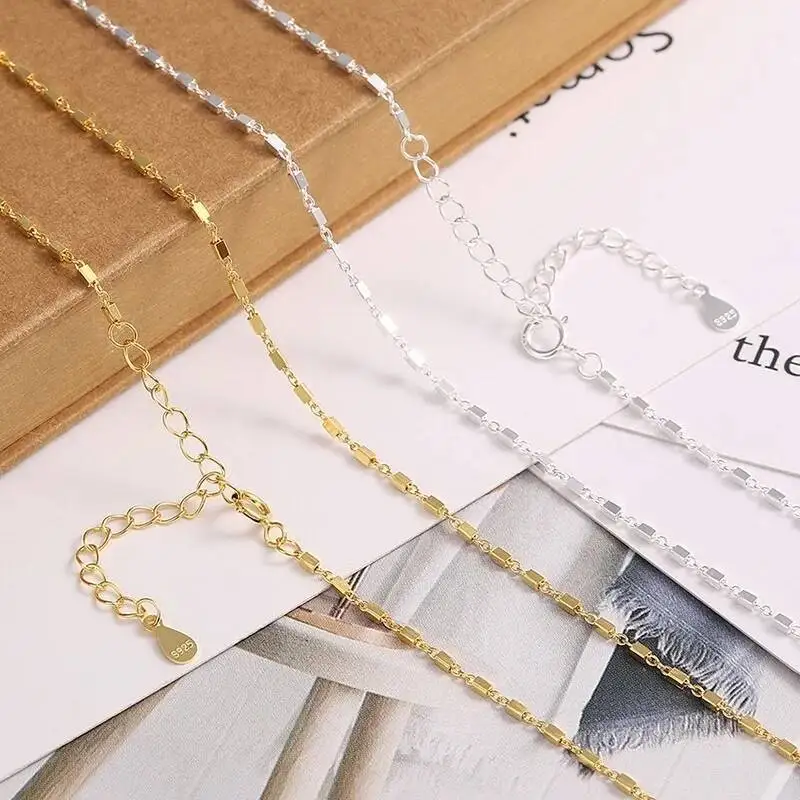 

S925 Silver Oblong Block Link Chain Necklace Women 1.2MM Thin Lightweight Dainty Shiny 40CM Chokers Necklaces Love Gift For Her