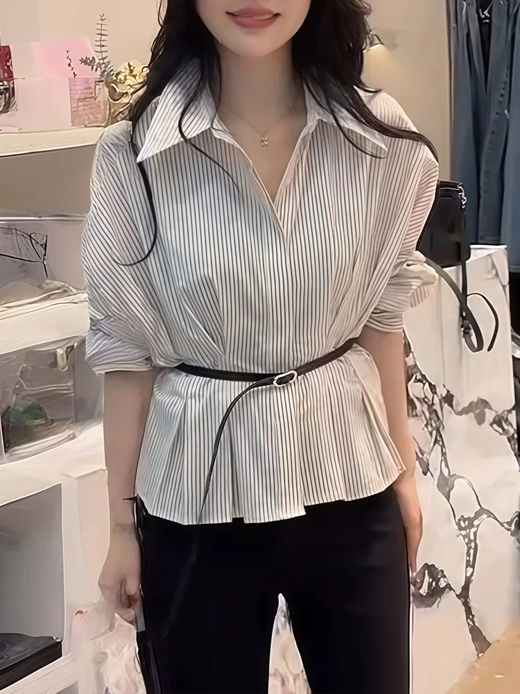 

Женская модная весенняя новинка: полосатая блузка с V-образным вырезом в корейском стиле, свободного кроя, с длинным рукавом, дышащая, приятная к телу