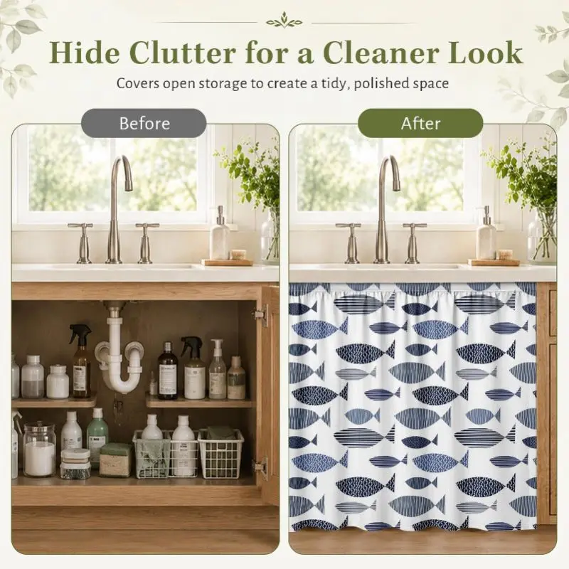 VIKAMA Abstract Marine Fish Hook and Loop Under Sink Skirt No Drill Kitchen Sink Bathroom Vanity Laundry Cabinet Decor Curtain