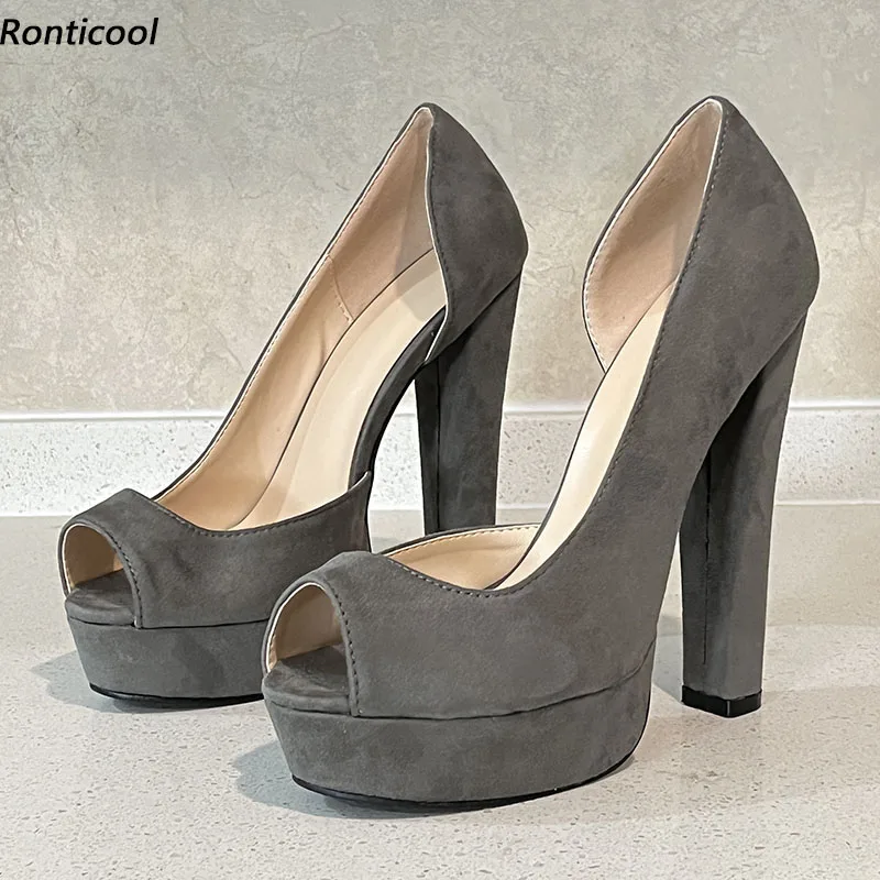 

Ronticool/женские туфли-лодочки ручной работы на платформе, классические серые туфли на блочном каблуке с открытым носком для вечеринок, женские размеры США 5-20