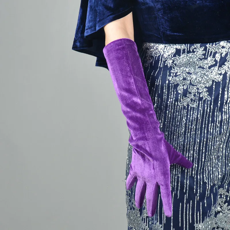 Guantes largos de terciopelo para mujer, guantes de 60cm de largo, color morado oscuro, alta elasticidad, terciopelo de cisne dorado, pantalla