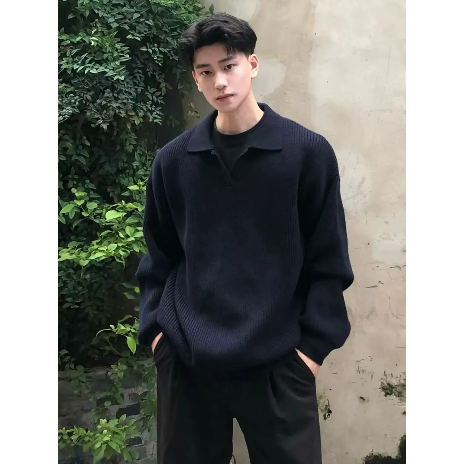 

Мужской осенне-зимний свитер свободного кроя с длинным рукавом, вязаный, плотный, в американском стиле, с воротником, удобный, дышащий