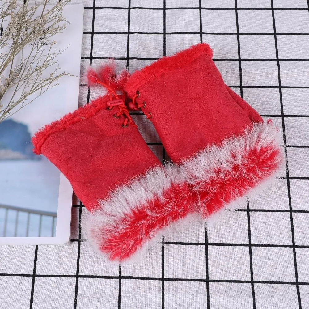 Y2K Suede Leopard Print Gloves Thicken Plush Warm Fingerless Mittens Windproof Soft Stretch Wrist Warmers Christmas