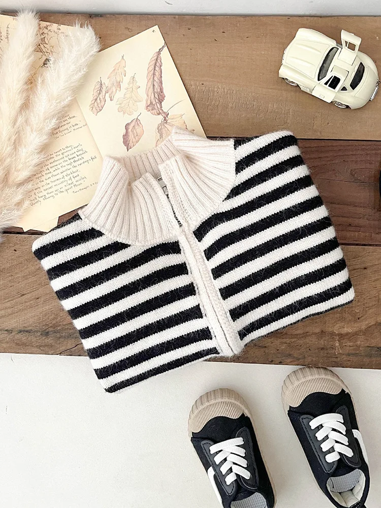 Toddler Children\'s Sweater Autumn Winter Fashion Baby Striped Knit Cardigan Coat High Collar Zipper Infant Warm Cotton Clothes