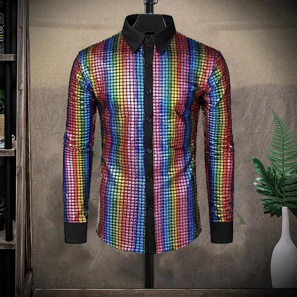 Camisa masculina vintage com lantejoulas, gola alta, para clube, dança, discoteca, performance de palco, vintage, brilhante, suave, manga longa