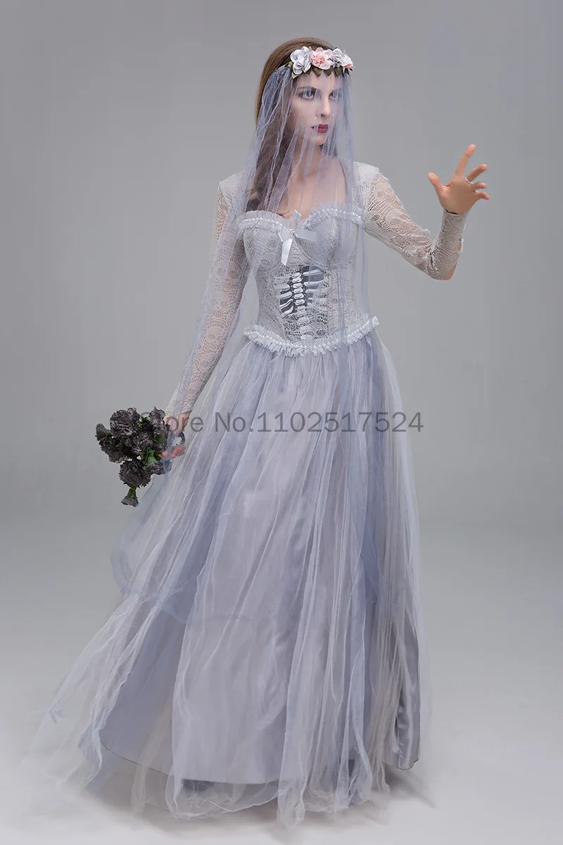 Fantasma da noiva do Dia das Bruxas feminino Cosplay, parte superior do espartilho cinza, vestido maxi estampado caveira, vestido de casamento gótico, véu floral, vestidos de malha