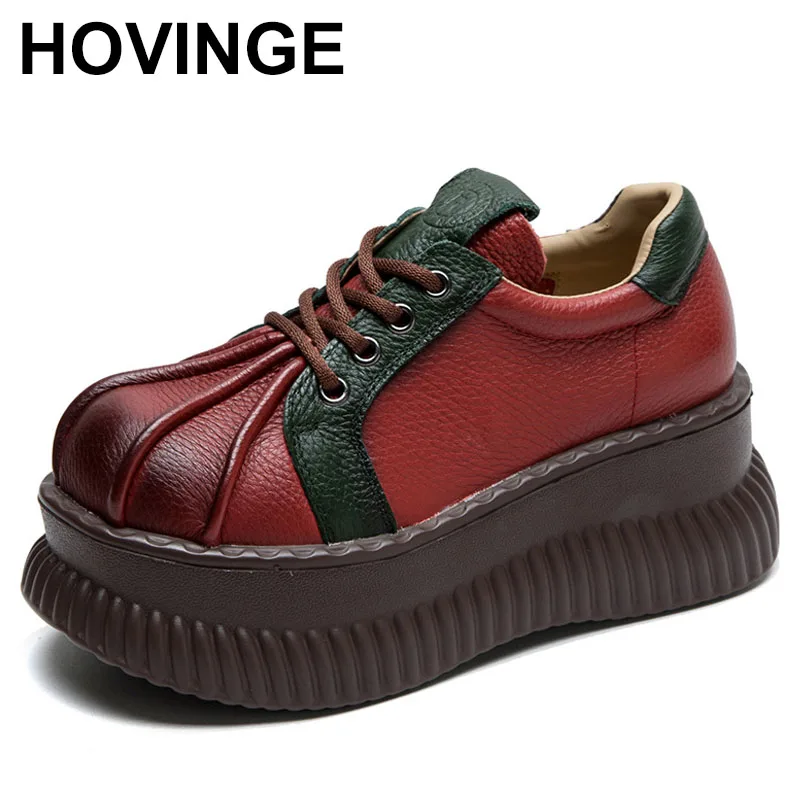 

Women Genuine Leather Platform Shoes Spring Wide Head Design Mixed Colors Lace-Up Wedges Heel Trend Comfort Women Shoes
