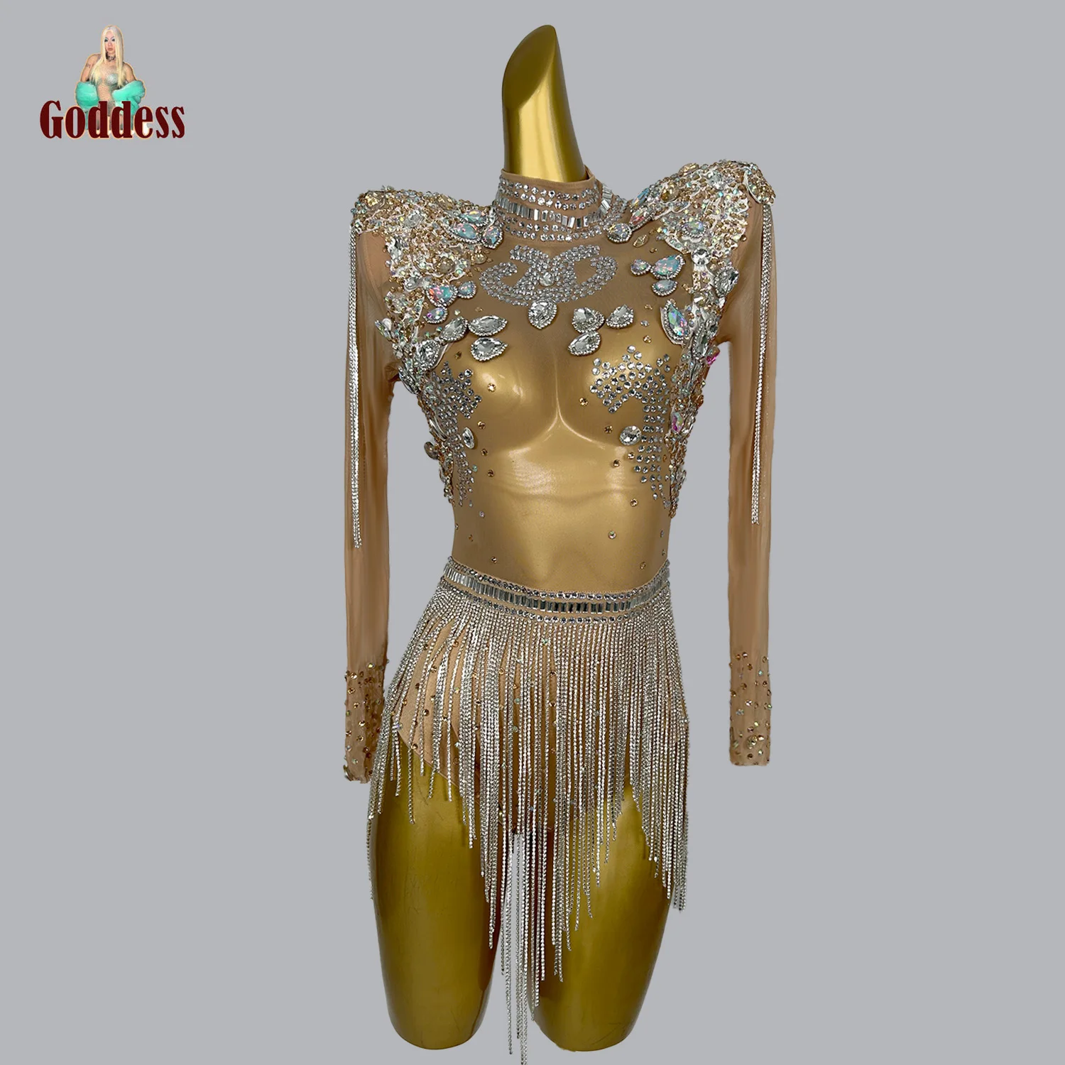 Luxe Strass Latino Dance Leotard Sexy Strass Kwastje Bodysuit Podiumshow Dames Bodysuit Casual Verjaardagsfeestjurk