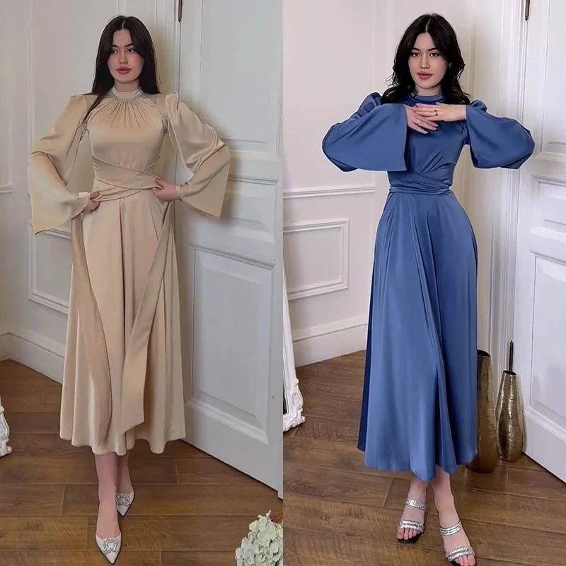 Elegant Satin High Waist Women Maxi Dress Long Sleeve Slim Banquet Long Bodycon Evening Party Dresses Chic Robes