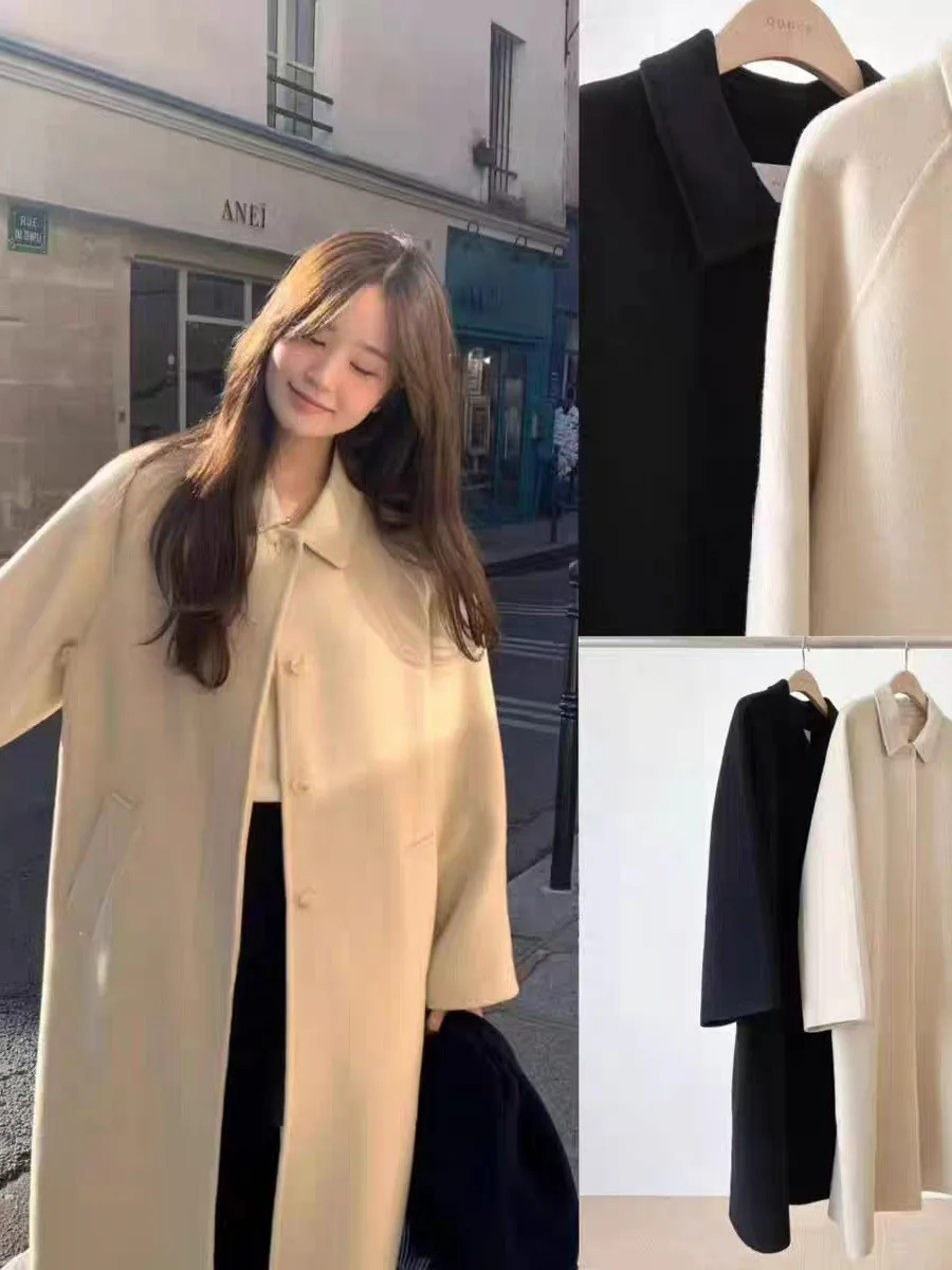 

East Gate OUCE Women's Long Woolen Coat Loose Fit Vintage Turn-down Collar Outerwear Ele Personali Winter Faion