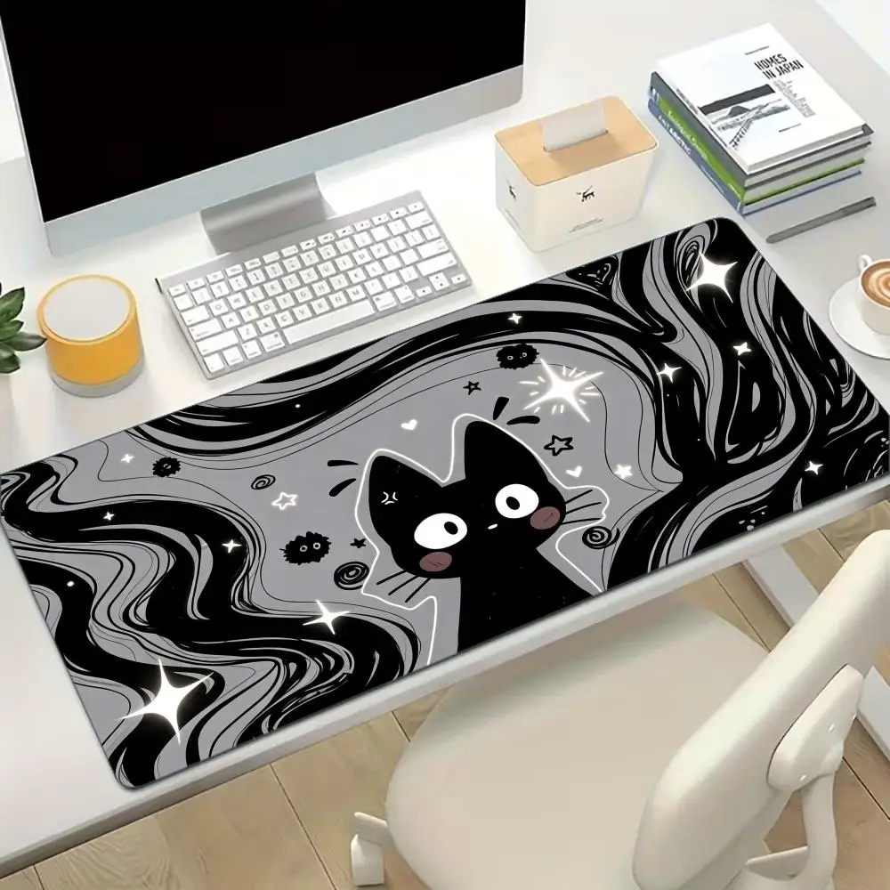 Cartoon Cat Starry Print Large Gaming Mousepad Non-slip Rubber Base Stitched Edge Office Desktop Decor Workstation Equipment