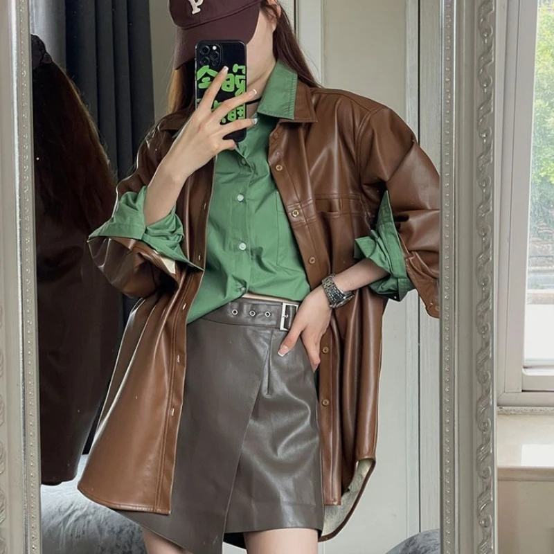 

Women's Spring Autumn Vintage Brown PU Leather Jackets Lady Fashion Streetwear Black Long Coats 2025 New Outwear Female