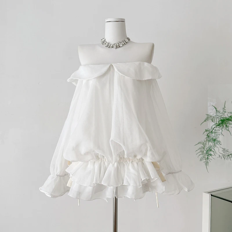 

Off-the-shoulder White Shirt Long Sleeve Loose Casual Flare Sleeve Elegant Blouse Ruffles Fashion Shirt