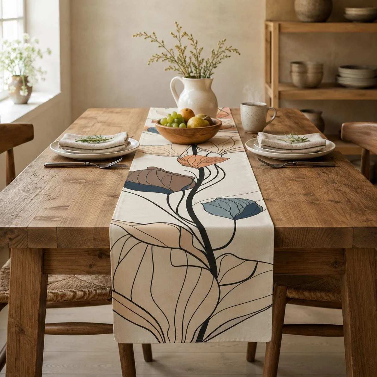 Tischläufer Minimalistisch Floral |   Linienkunst Botanisch, Moderne Esszimmerdekoration, Gastgebergeschenk, Baumwolle oder Polyester