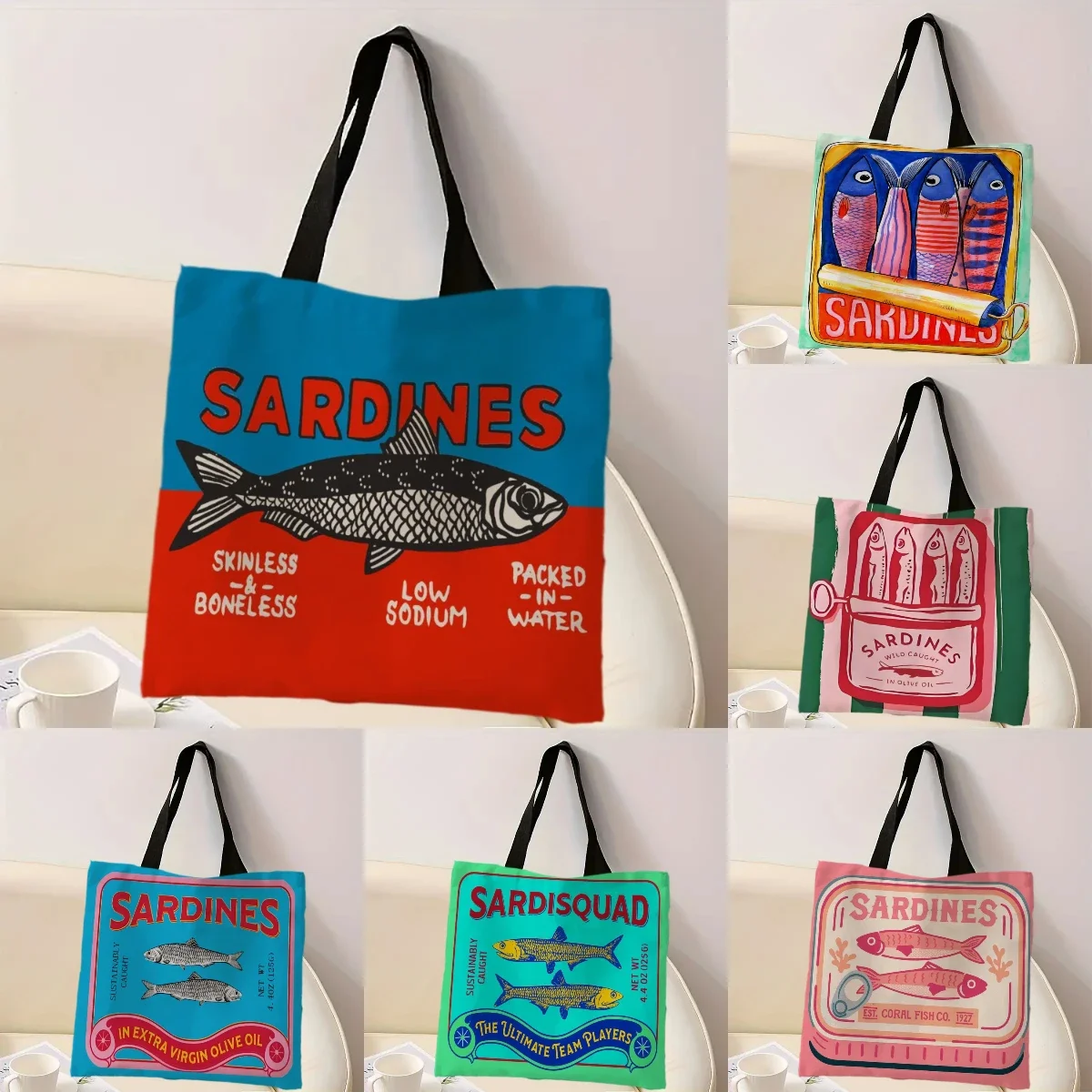 Colorful Trendy Sardines Printe Casual Handbag, Reusable Fashionable Backpack, Multifunctional Tote Bag Polyester Shopping Bag