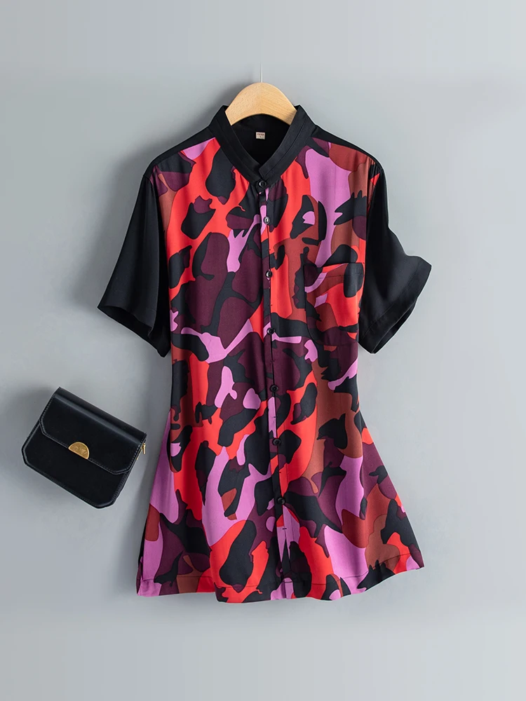 

New Summer Silk Camouflage Printed Shirt Women's Loose Large Single breasted Short sleeved